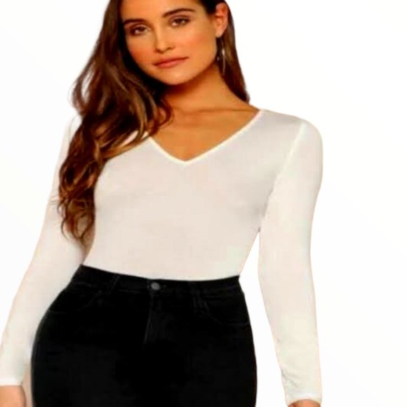 NEW IN BAG NO TAGS Tops - Cotton WHITE RIBBED KNIT TOP Long Sleeve TEE Ribbed LS T-Shirt Deep V Neck NEW